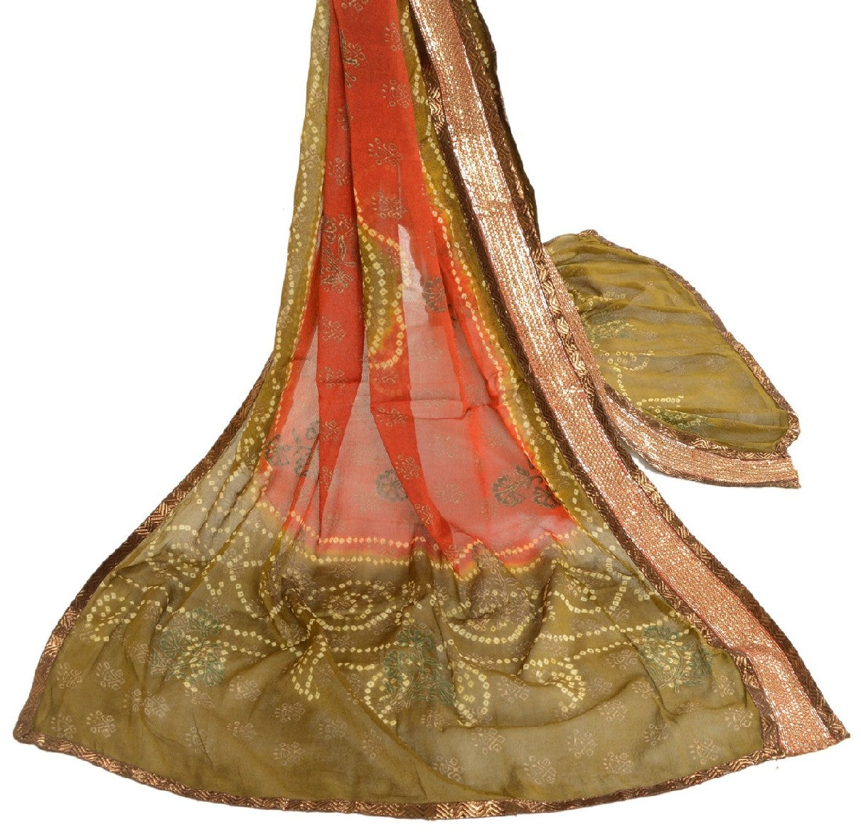 Sanskriti Vintage Dupatta Long Stole Georgette Green & Red Bandhani Work Hand Block Gujrat Of Indian Scarves Home Decor Craft Supplies