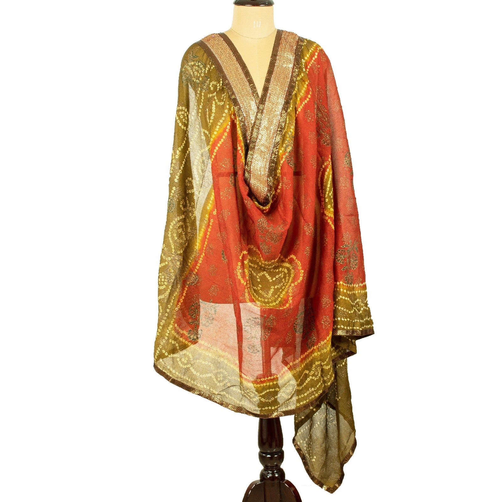 Sanskriti Vintage Dupatta Long Stole Georgette Green & Red Bandhani Work Hand Block Gujrat Of Indian Scarves Home Decor Craft Supplies