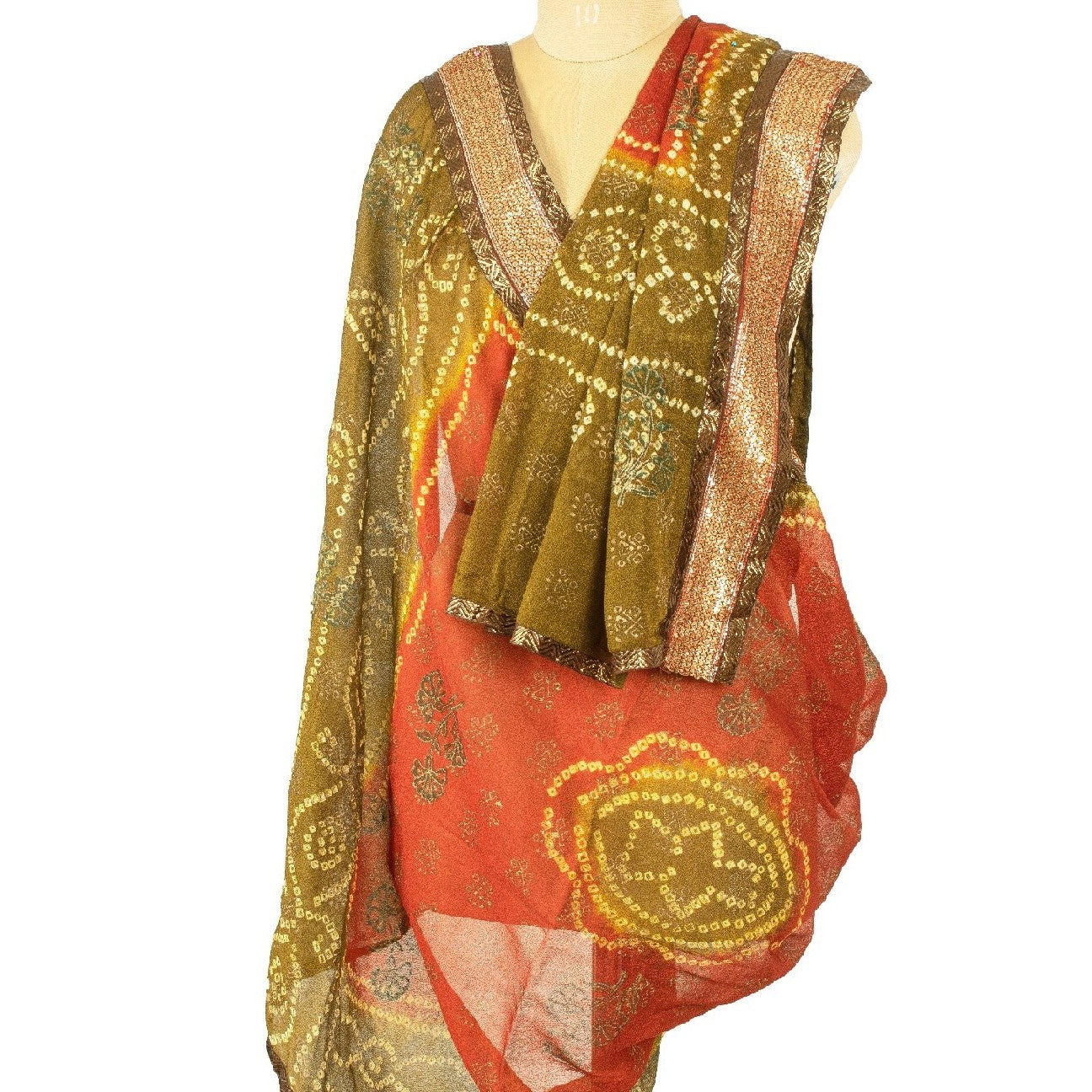Sanskriti Vintage Dupatta Long Stole Georgette Green Bandhani Work Scarves