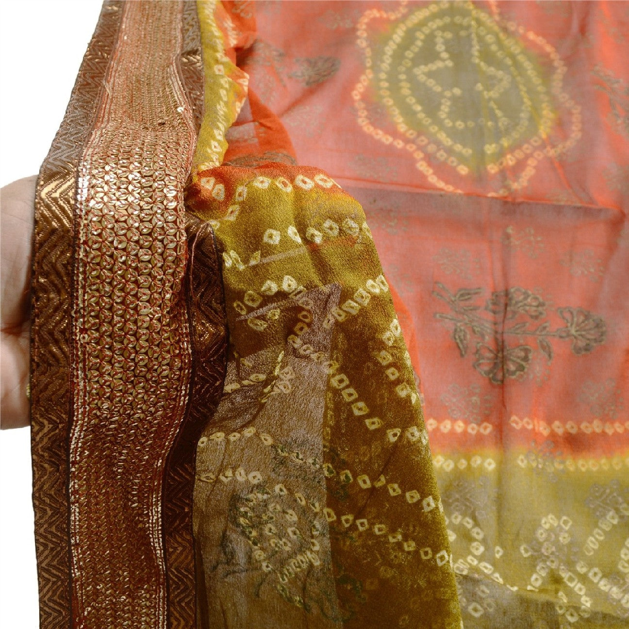 Sanskriti Vintage Dupatta Long Stole Georgette Green Bandhani Work Scarves