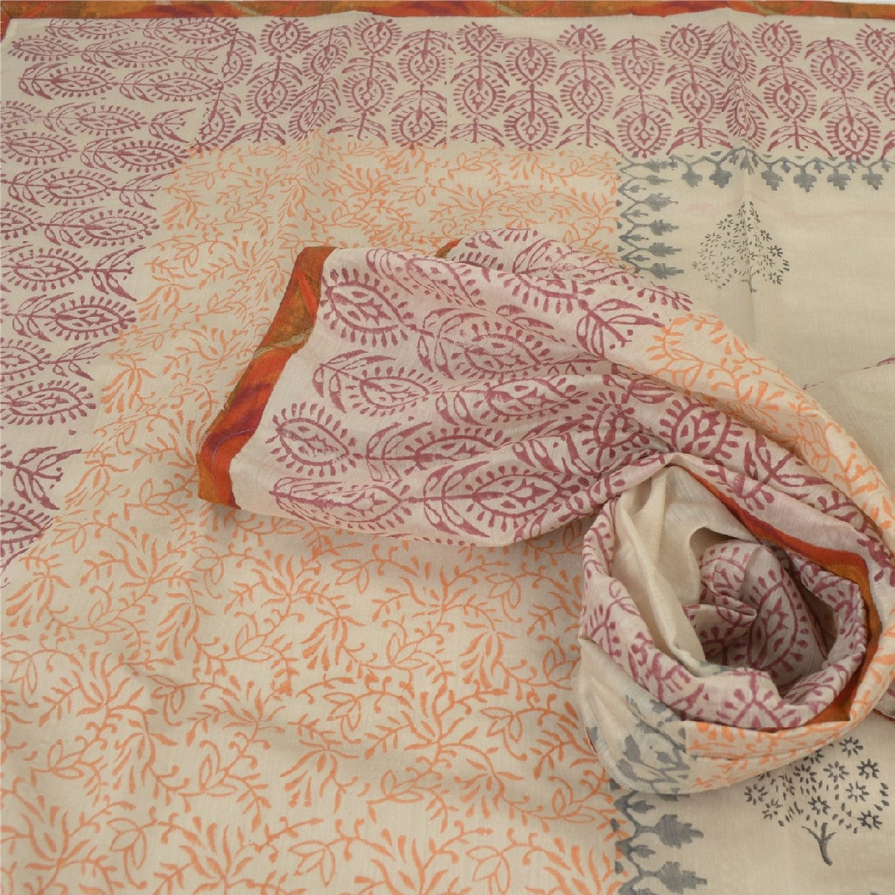 Sanskriti Vintage Dupatta Long Stole Ivory Hand Block Printed Scarves