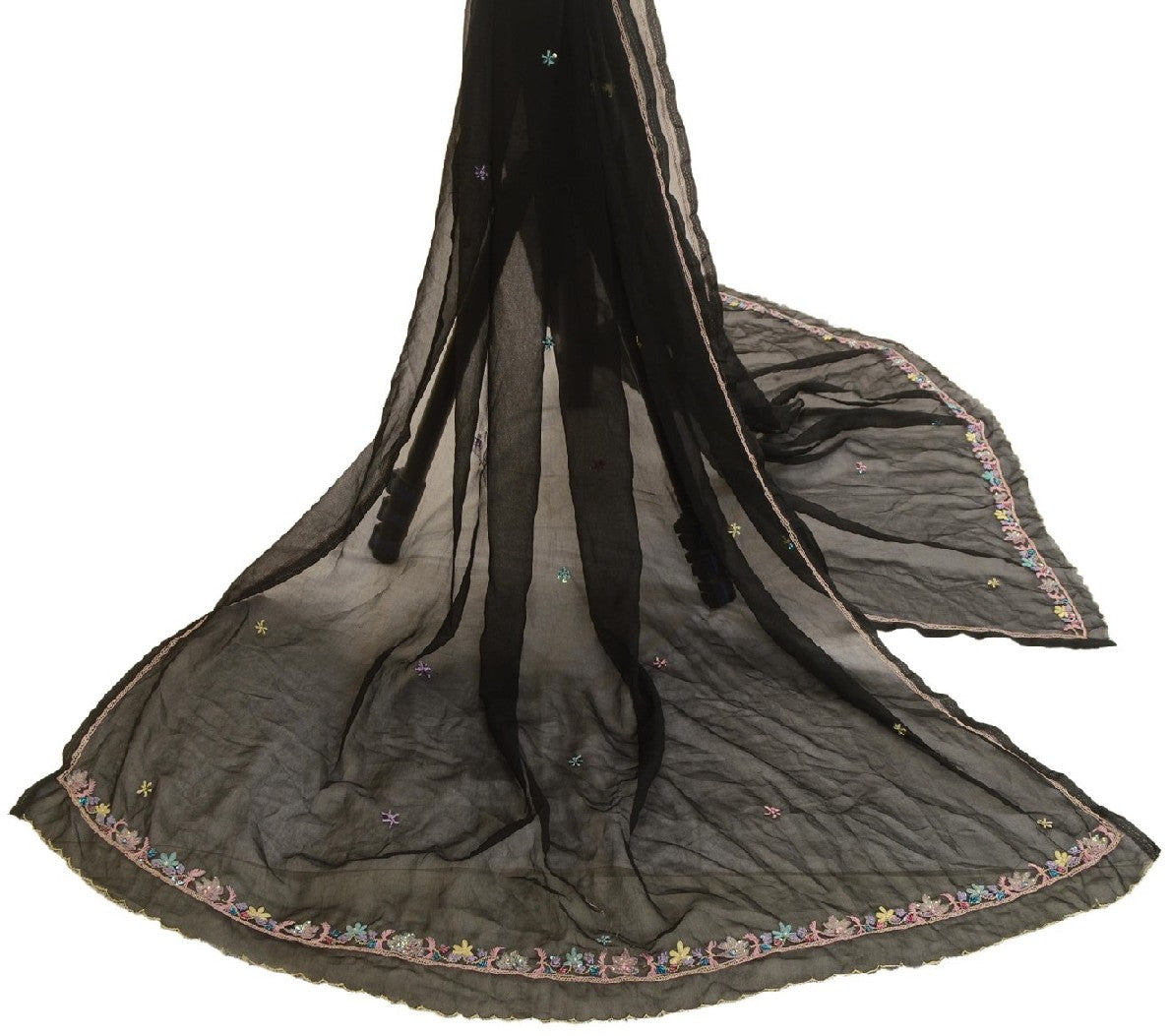 Sanskriti Vintage Dupatta Long Stole Georgette Black Hand Beaded Wrap Scarves