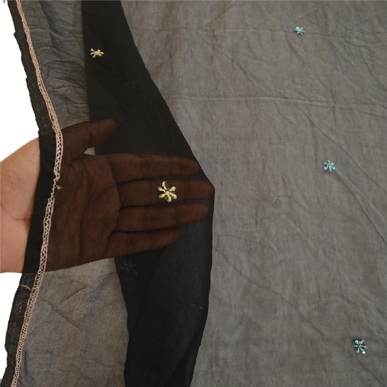 Sanskriti Vintage Dupatta Long Stole Georgette Black Hand Beaded Wrap Scarves