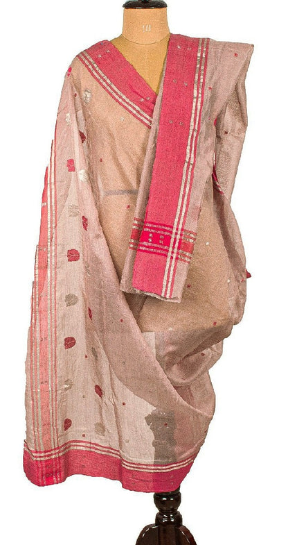 Sanskriti Vintage Dupatta Long Stole Cotton Silk Pink Hand Woven Zari Scarves