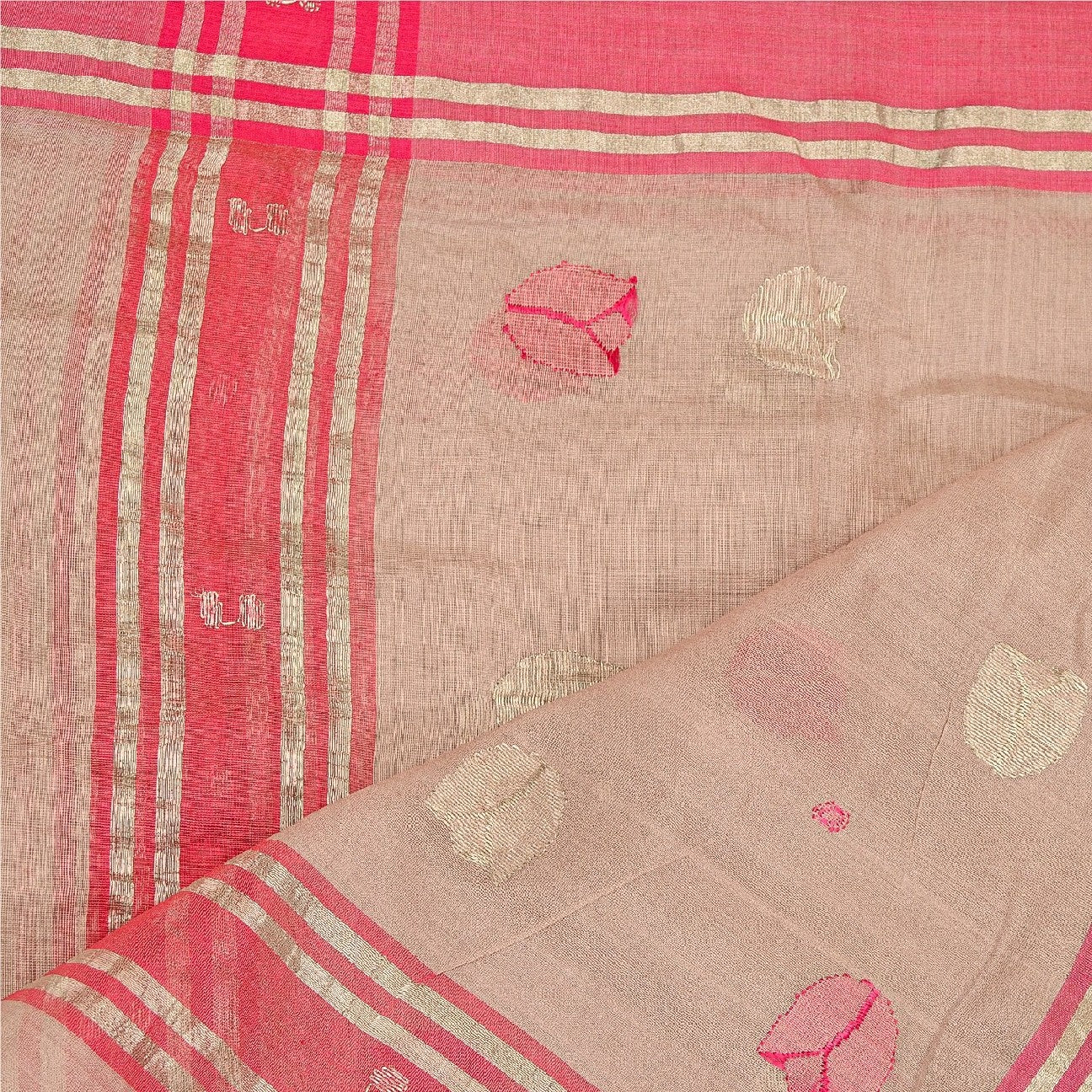 Sanskriti Vintage Dupatta Long Stole Cotton Silk Pink Hand Woven Zari Scarves
