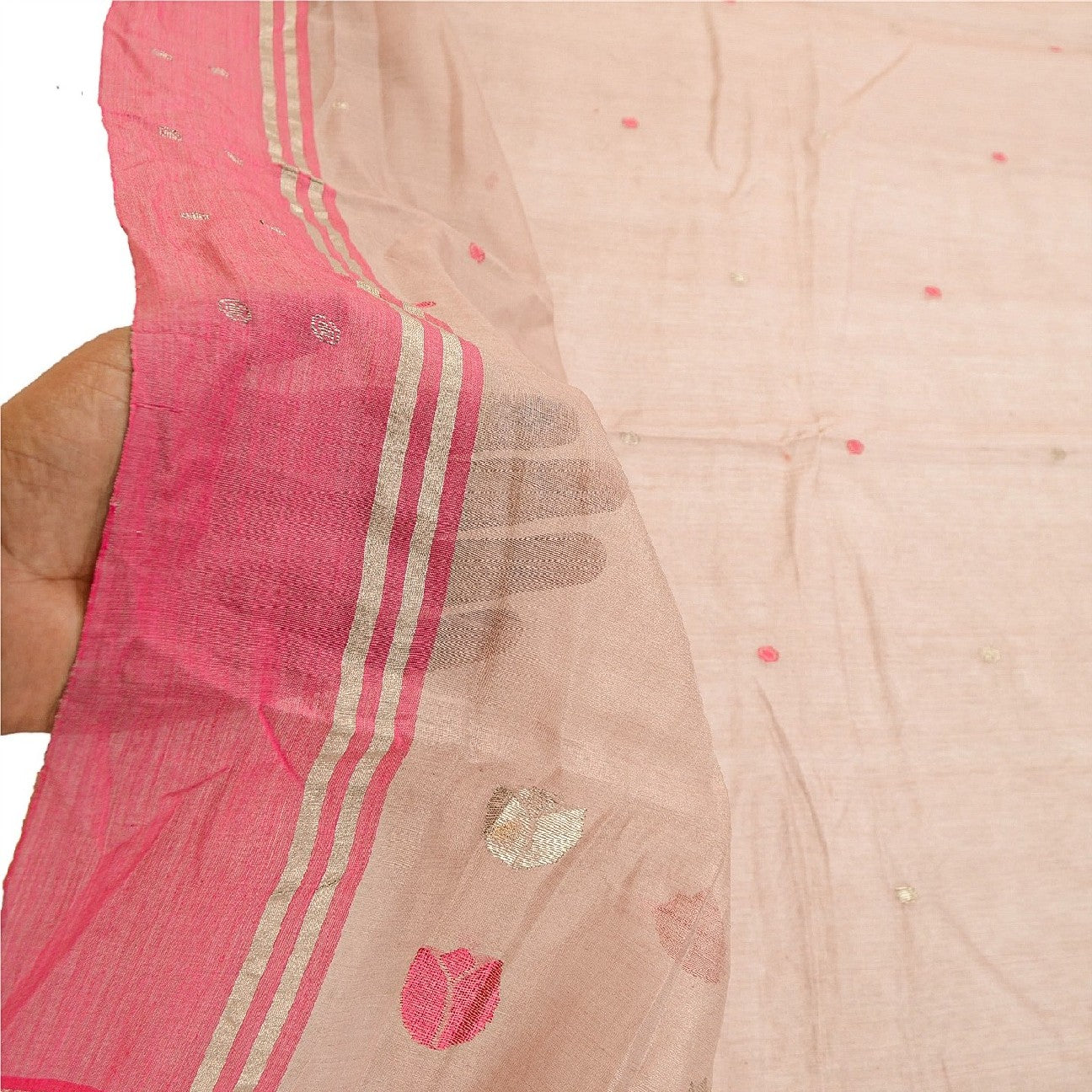 Sanskriti Vintage Dupatta Long Stole Cotton Silk Pink Hand Woven Zari Scarves