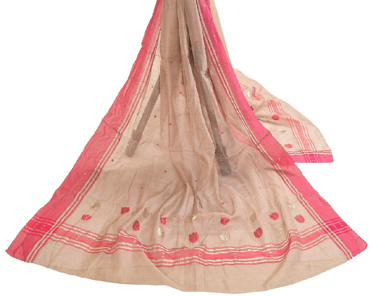 Sanskriti Vintage Dupatta Long Stole Cotton Silk Pink Hand Woven Zari Scarves