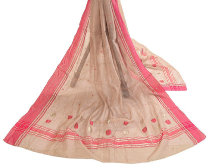 Sanskriti Vintage Dupatta Long Stole Cotton Silk Pink Hand Woven Zari Scarves