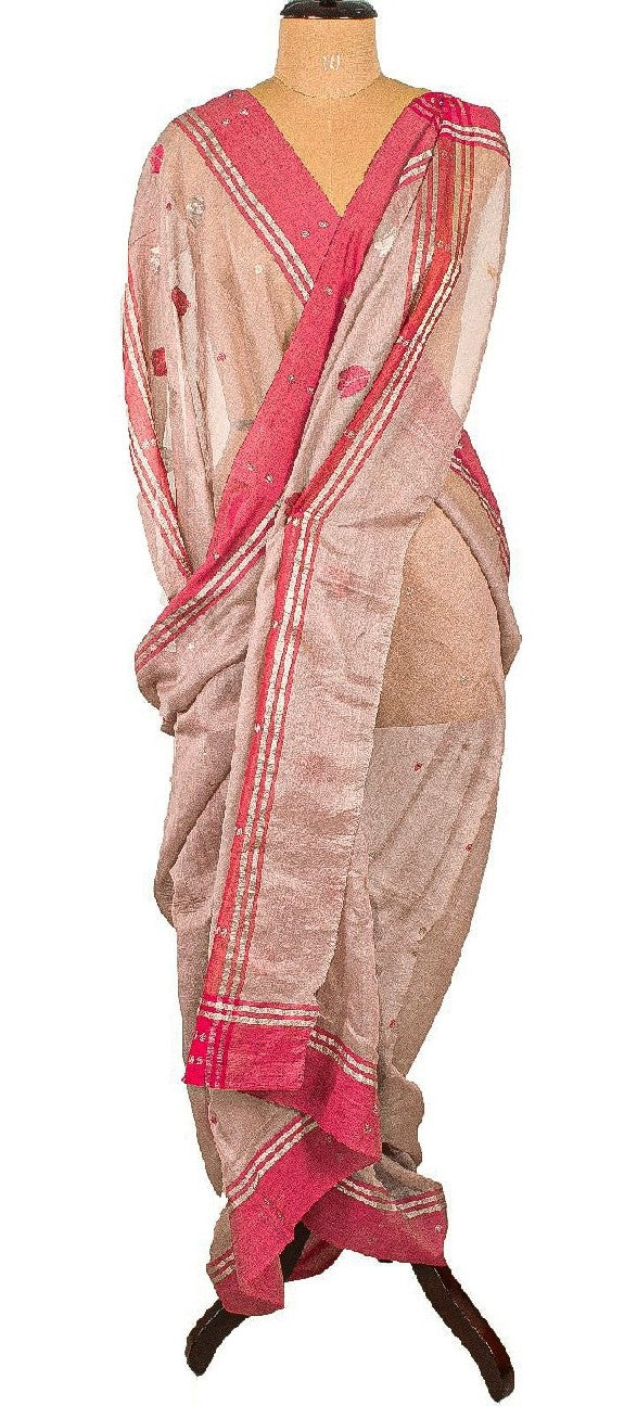 Sanskriti Vintage Dupatta Long Stole Cotton Silk Pink Hand Woven Zari Scarves