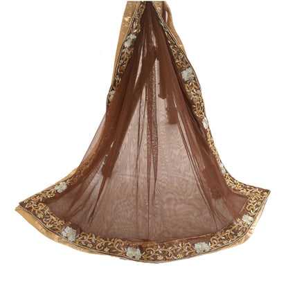 Sanskriti Vintage Dupatta Long Stole Net Mesh Brown Hand Embroidery Dabka Veil
