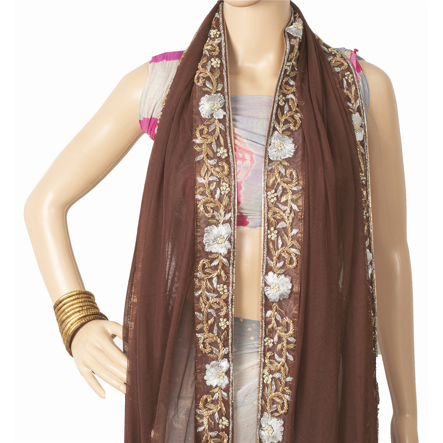 Sanskriti Vintage Dupatta Long Stole Net Mesh Brown Hand Embroidery Dabka Veil