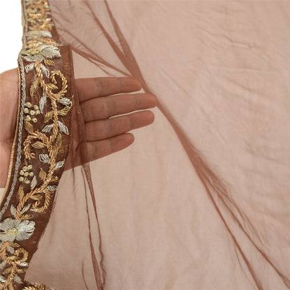 Sanskriti Vintage Dupatta Long Stole Net Mesh Brown Hand Embroidery Dabka Veil