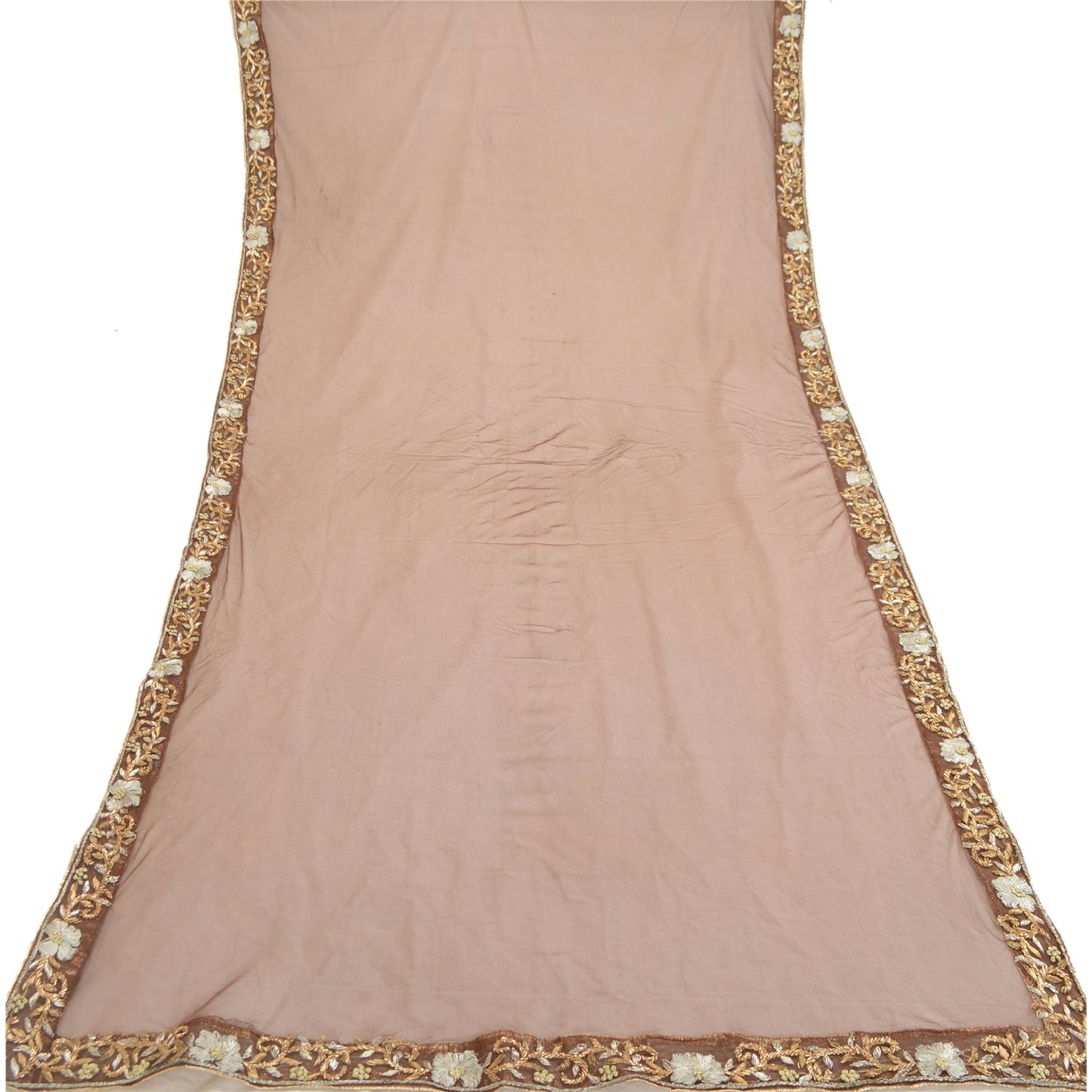Sanskriti Vintage Dupatta Long Stole Net Mesh Brown Hand Embroidery Dabka Veil
