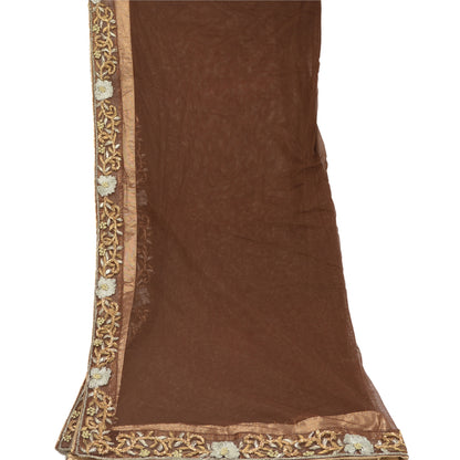 Sanskriti Vintage Dupatta Long Stole Net Mesh Brown Hand Embroidery Dabka Veil