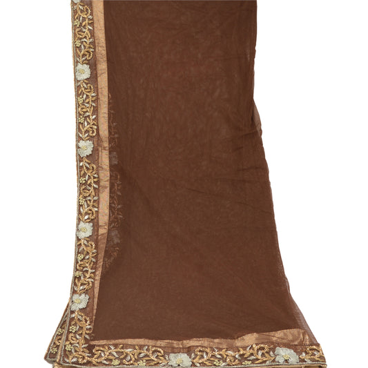 Sanskriti Vintage Dupatta Long Stole Net Mesh Brown Hand Embroidery Dabka Veil