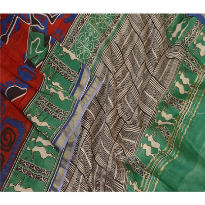 Sanskriti Vintage Dupatta Long Stole Pure Chanderi Silk Green Printed Scarves
