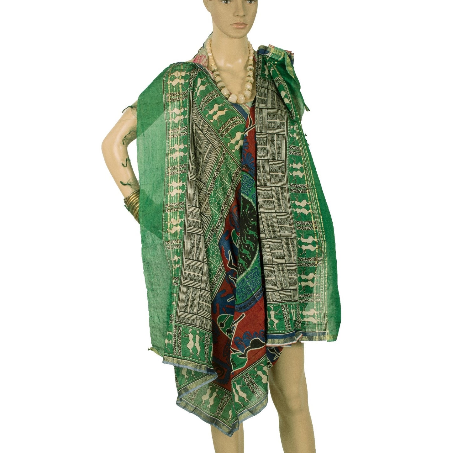 Sanskriti Vintage Dupatta Long Stole Pure Chanderi Silk Green Printed Scarves