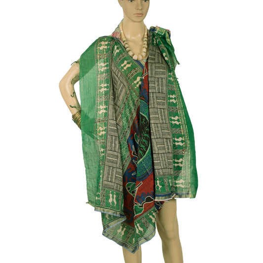 Sanskriti Vintage Dupatta Long Stole Pure Chanderi Silk Green Printed Scarves