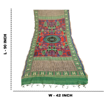 Sanskriti Vintage Dupatta Long Stole Pure Chanderi Silk Green Printed Scarves
