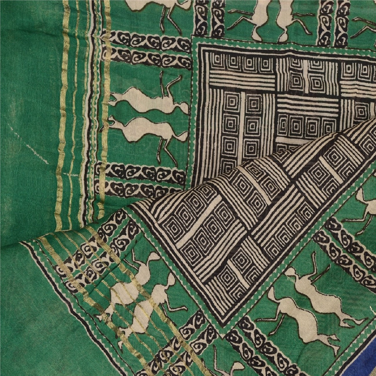 Sanskriti Vintage Dupatta Long Stole Pure Chanderi Silk Green Printed Scarves