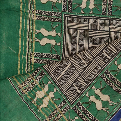 Sanskriti Vintage Dupatta Long Stole Pure Chanderi Silk Green Printed Scarves