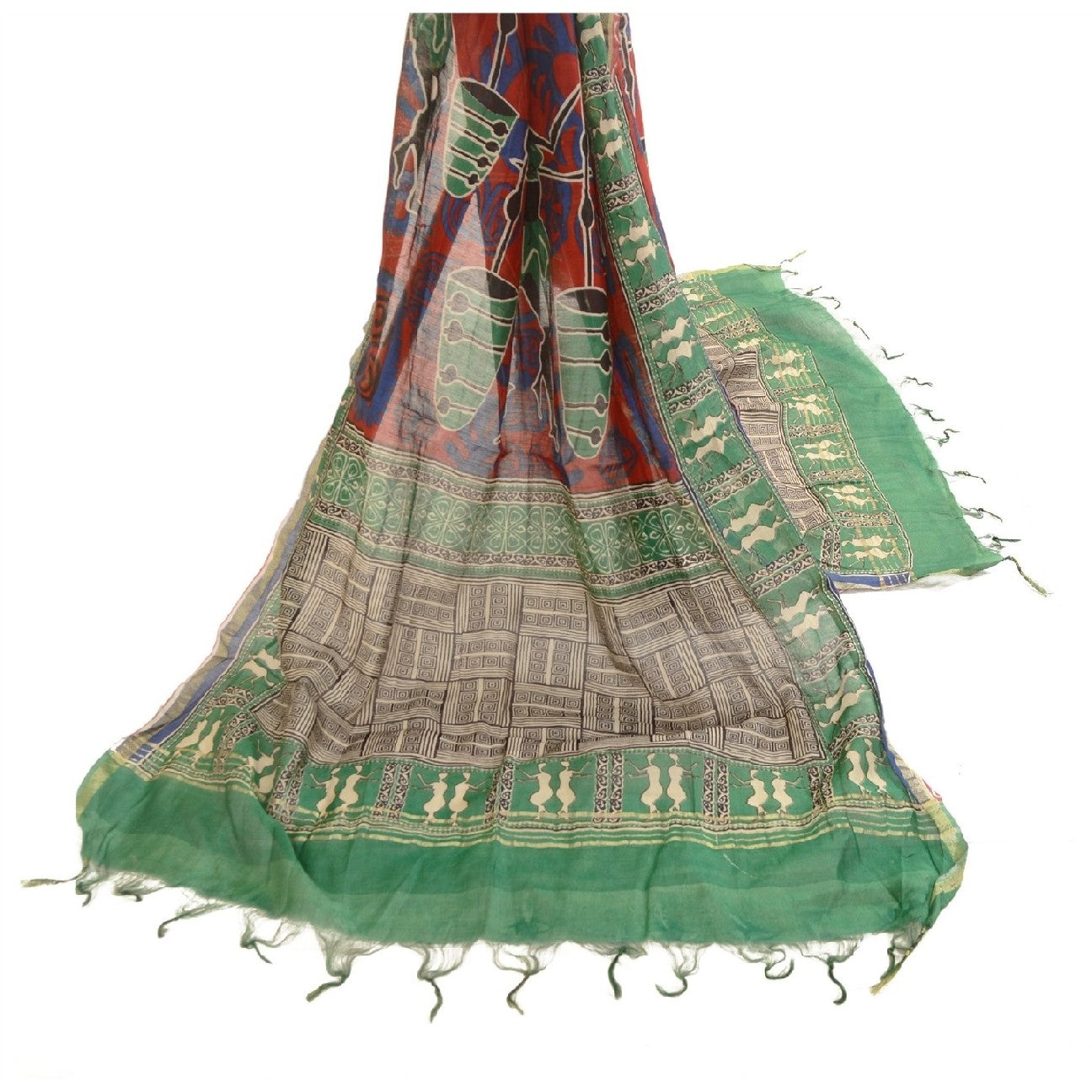 Sanskriti Vintage Dupatta Long Stole Pure Chanderi Silk Green Printed Scarves