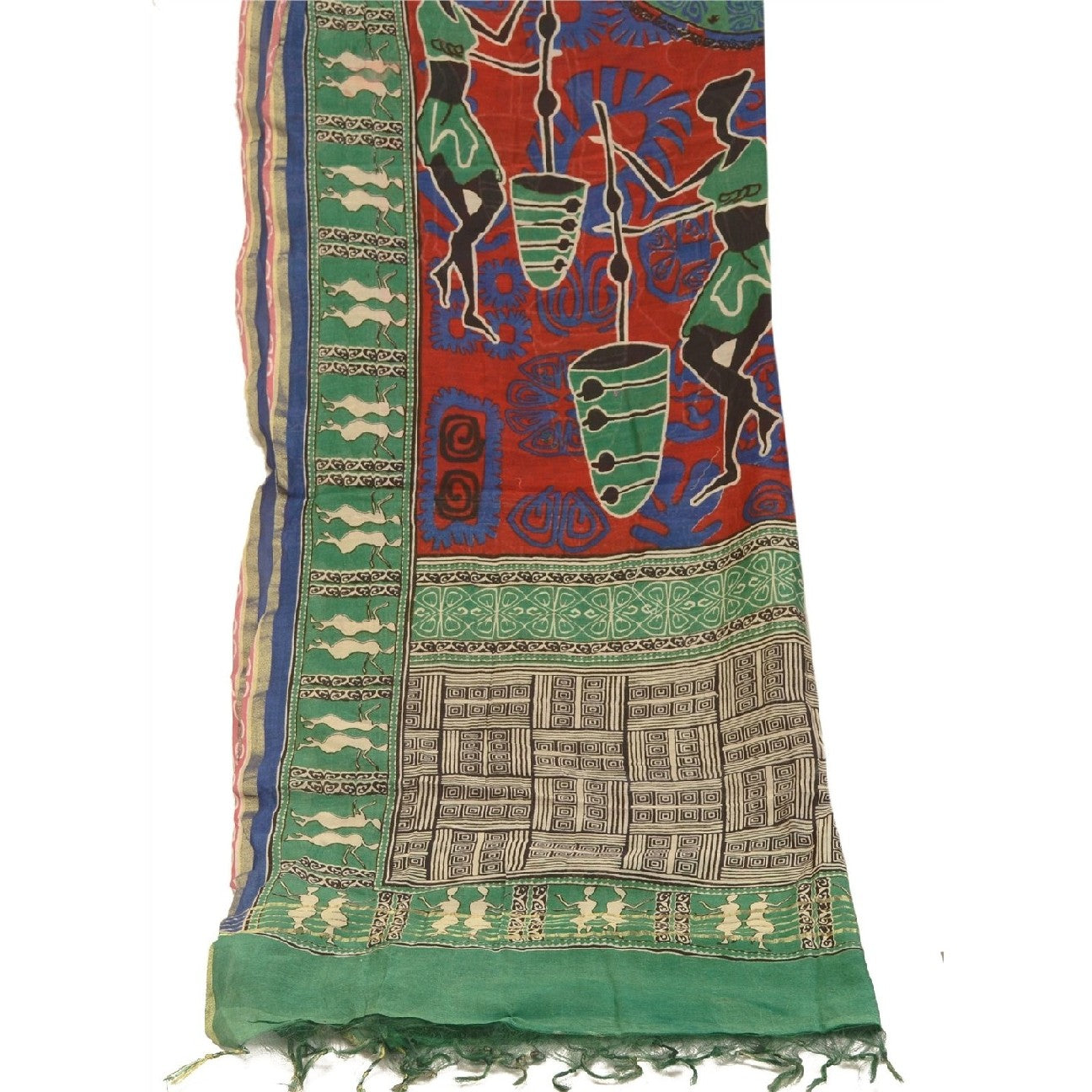 Sanskriti Vintage Dupatta Long Stole Pure Chanderi Silk Green Printed Scarves