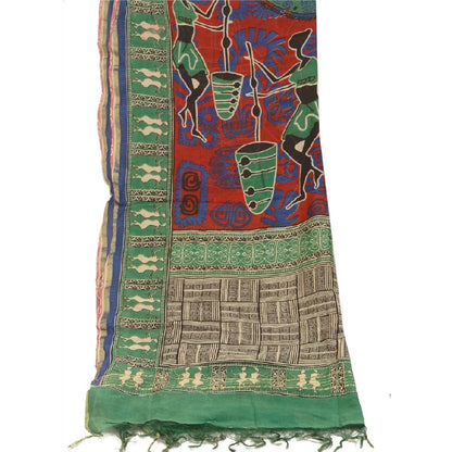 Sanskriti Vintage Dupatta Long Stole Pure Chanderi Silk Green Printed Scarves