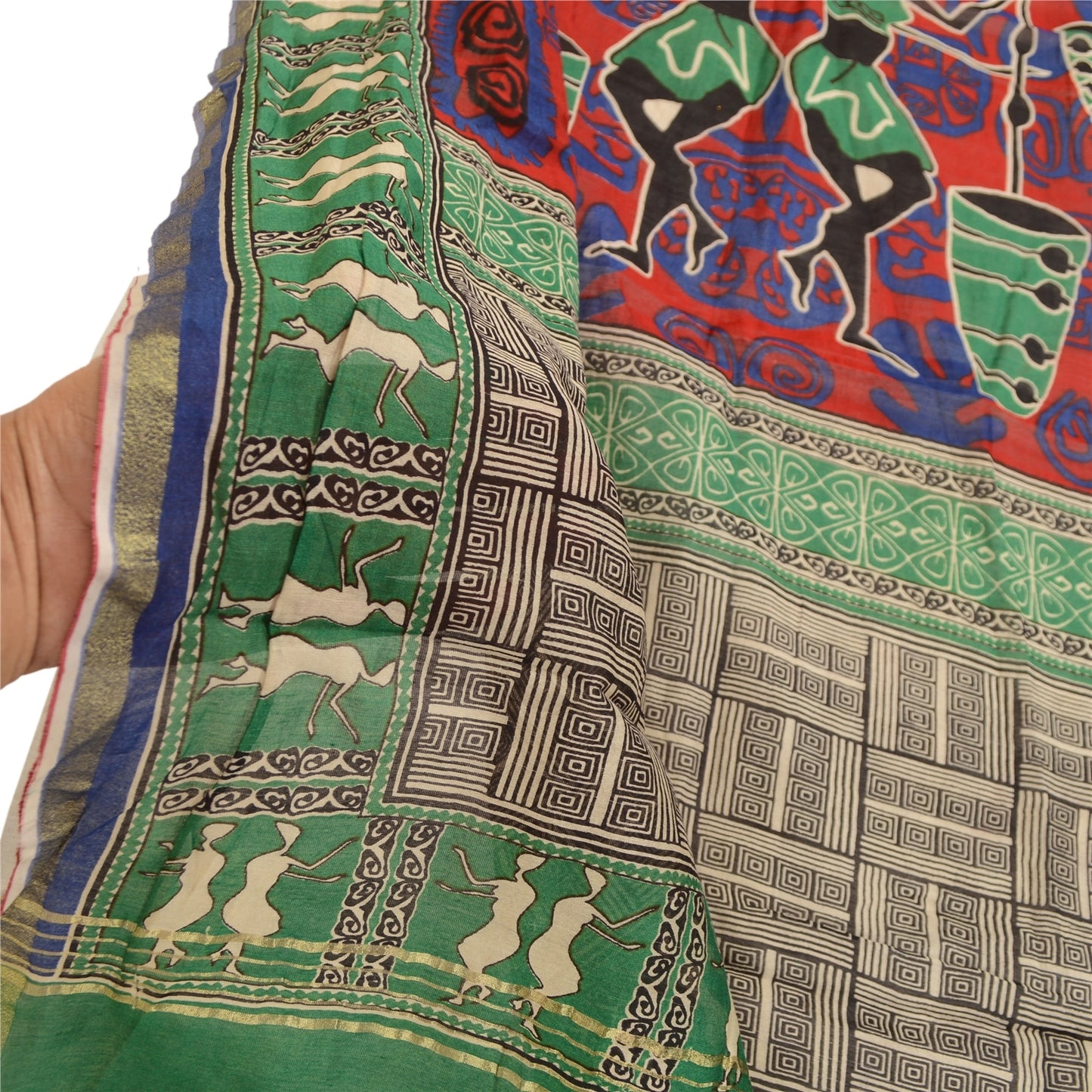 Sanskriti Vintage Dupatta Long Stole Pure Chanderi Silk Green Printed Scarves