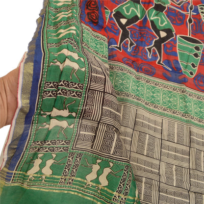 Sanskriti Vintage Dupatta Long Stole Pure Chanderi Silk Green Printed Scarves