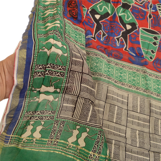 Sanskriti Vintage Dupatta Long Stole Pure Chanderi Silk Green Printed Scarves
