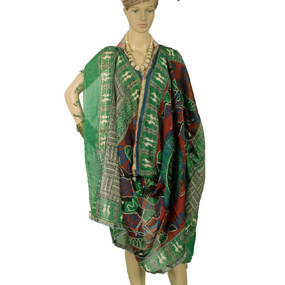 Sanskriti Vintage Dupatta Long Stole Pure Chanderi Silk Green Printed Scarves