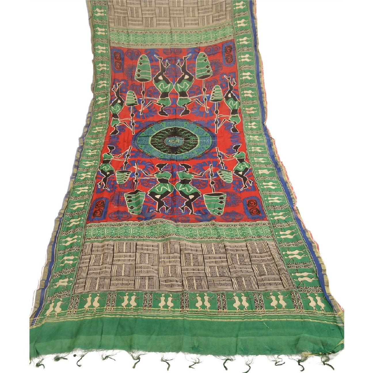 Sanskriti Vintage Dupatta Long Stole Pure Chanderi Silk Green Printed Scarves