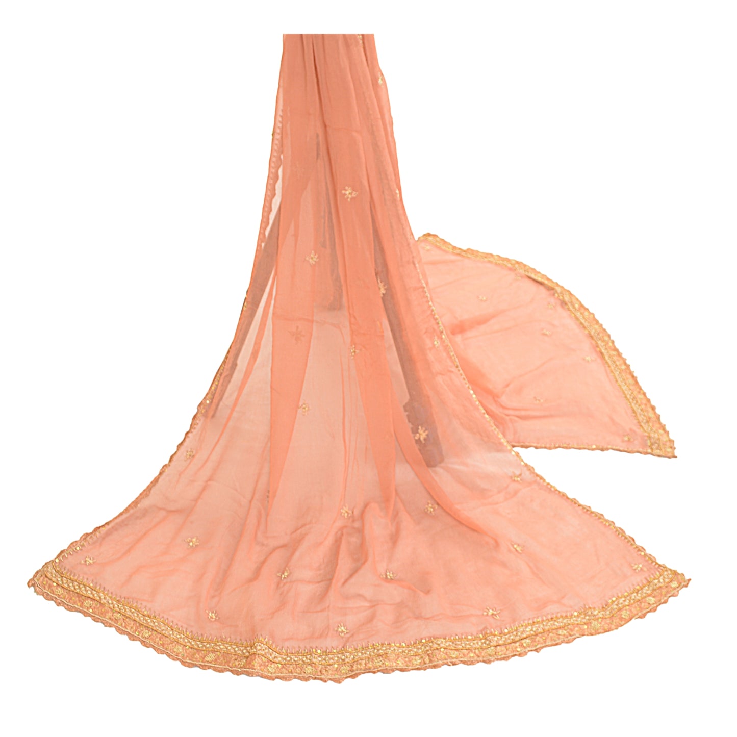 Sanskriti Vintage Dupatta Long Stole Pure Chiffon Silk Peach Hand Beaded Scarves