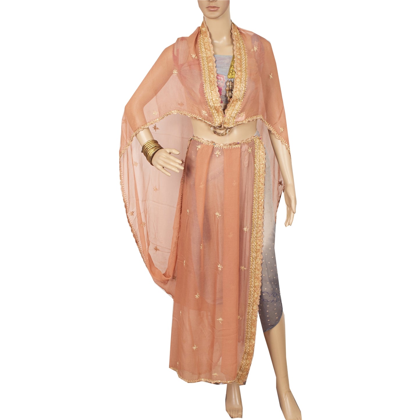 Sanskriti Vintage Dupatta Long Stole Pure Chiffon Silk Peach Hand Beaded Scarves