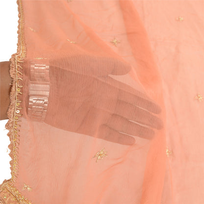 Sanskriti Vintage Dupatta Long Stole Pure Chiffon Silk Peach Hand Beaded Scarves