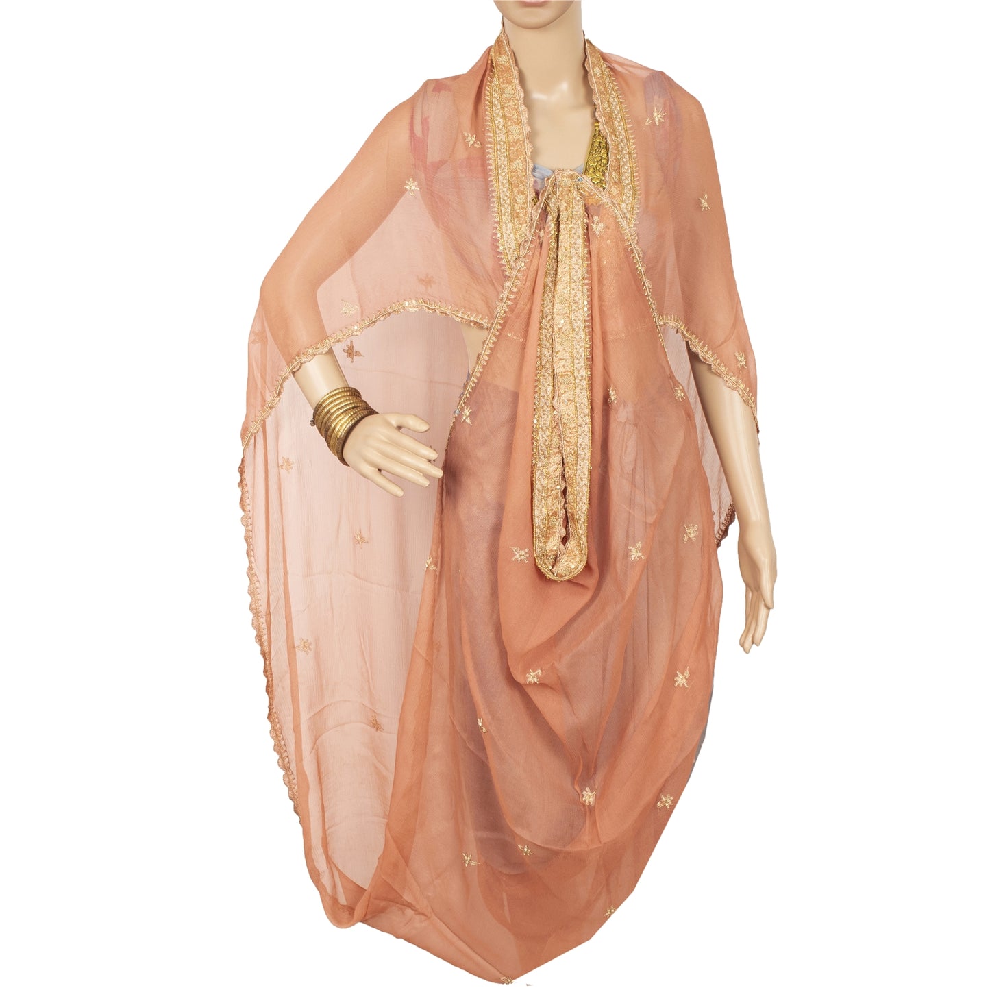 Sanskriti Vintage Dupatta Long Stole Pure Chiffon Silk Peach Hand Beaded Scarves