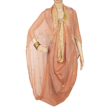 Sanskriti Vintage Dupatta Long Stole Pure Chiffon Silk Peach Hand Beaded Scarves