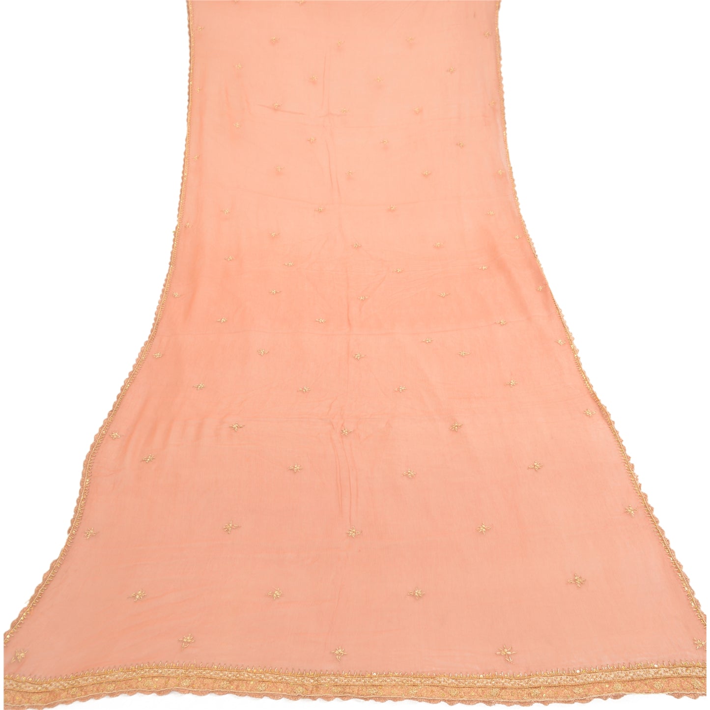 Sanskriti Vintage Dupatta Long Stole Pure Chiffon Silk Peach Hand Beaded Scarves