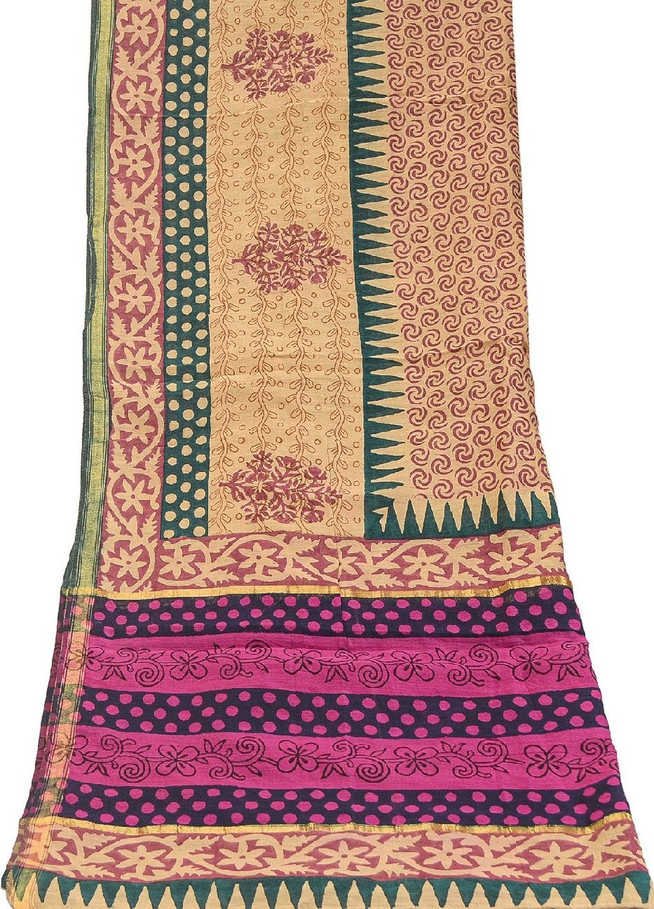 Sanskriti Vintage Dupatta Long Stole Blend Silk Ivory Printed Wrap Scarves