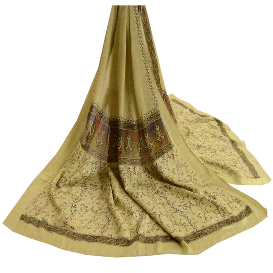 Sanskriti Vintage Dupatta Long Stole Pure Silk Olive Green Embroidered Woven