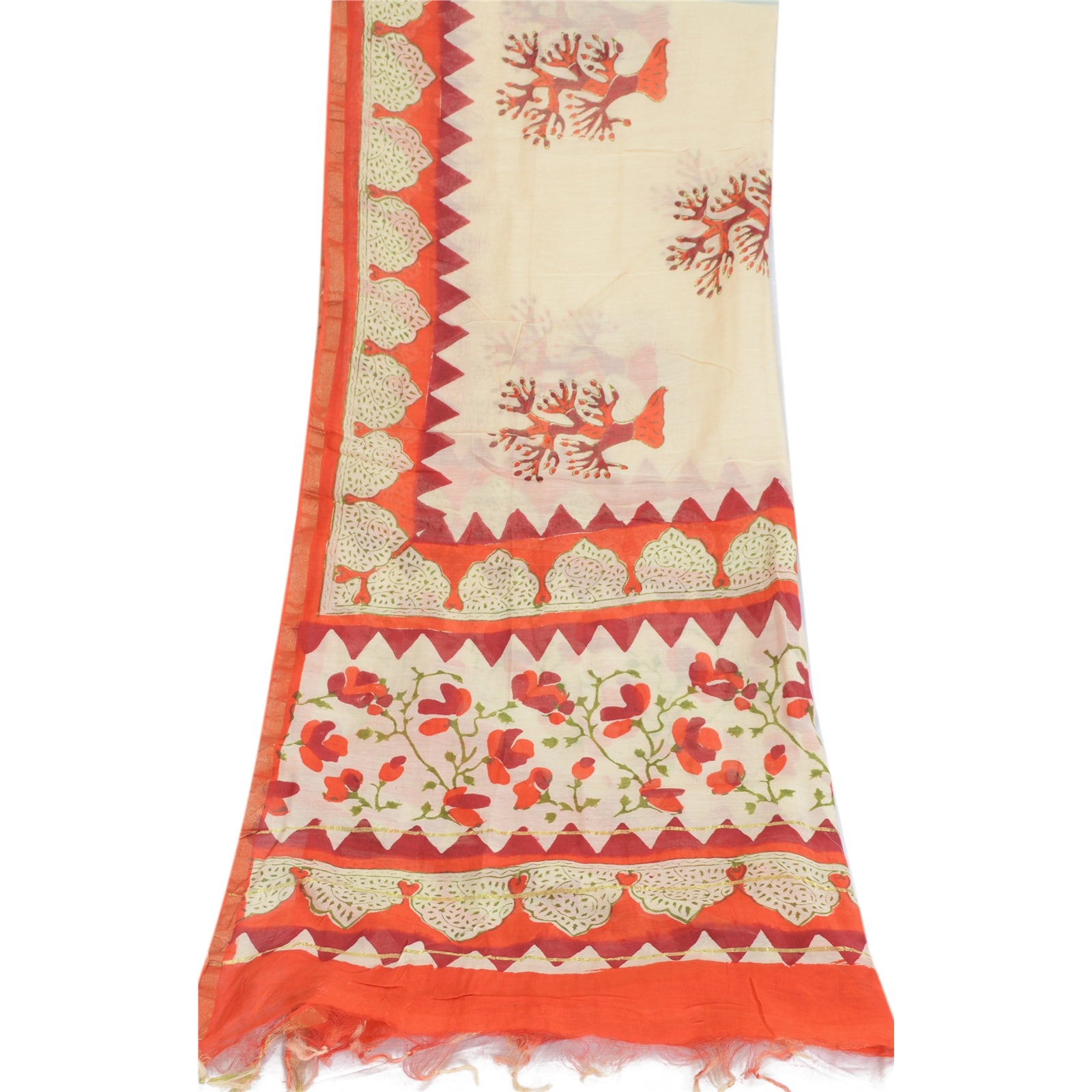 Sanskriti Vintage Dupatta Long Stole Cotton Silk Ivory/Orange Hand Block Printed