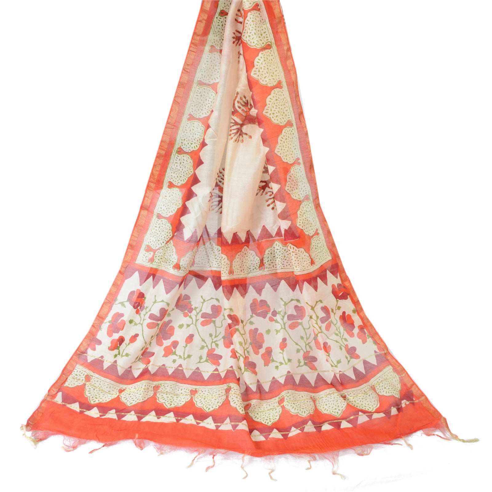 Sanskriti Vintage Dupatta Long Stole Cotton Silk Ivory/Orange Hand Block Printed
