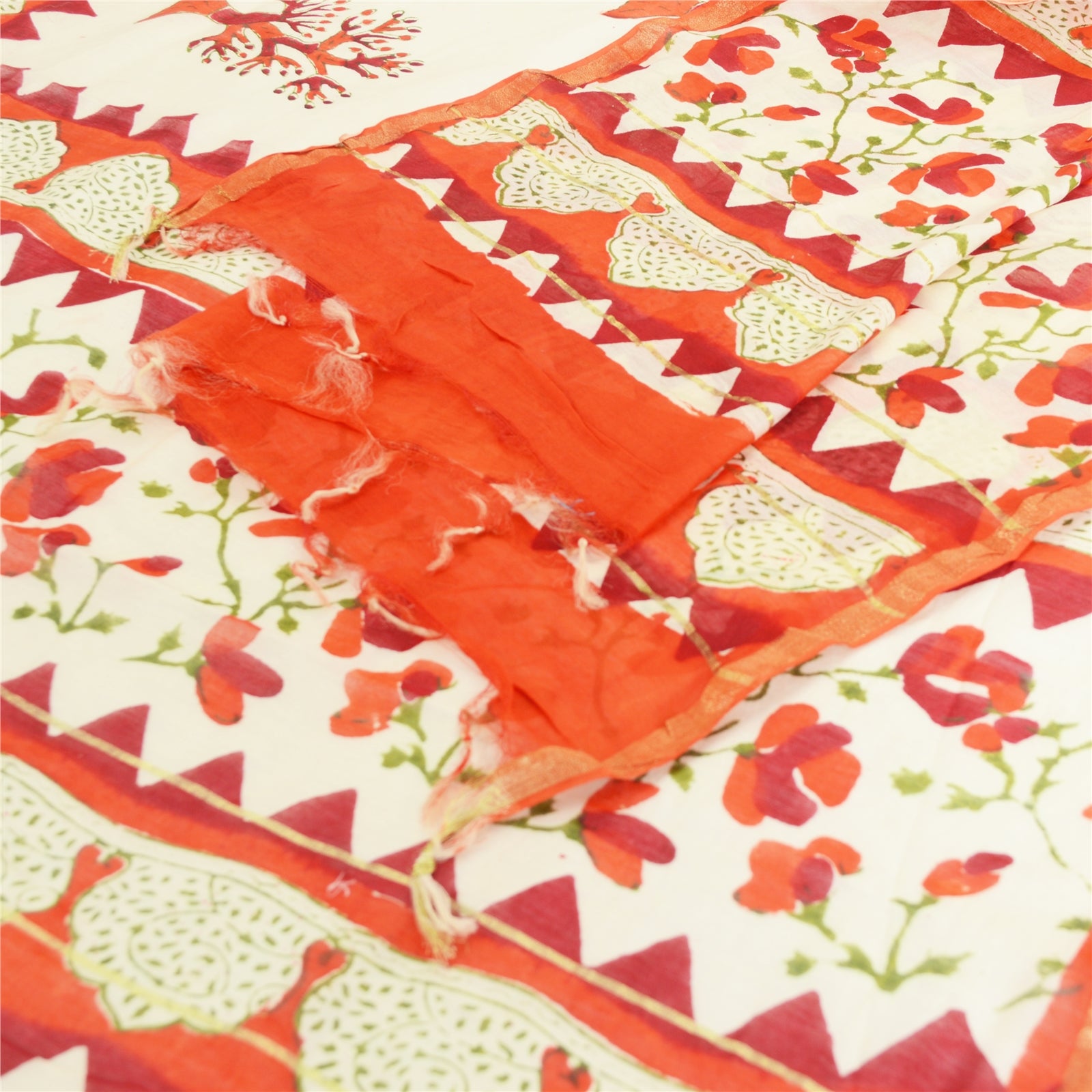 Sanskriti Vintage Dupatta Long Stole Cotton Silk Ivory/Orange Hand Block Printed