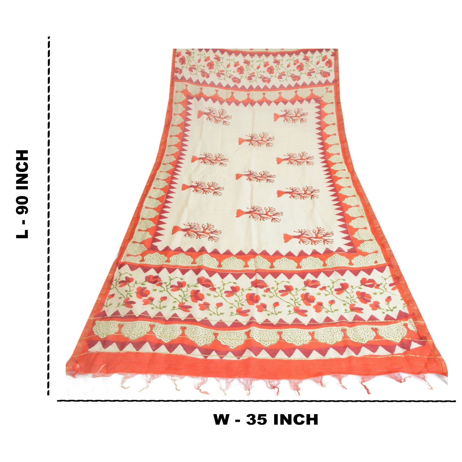 Sanskriti Vintage Dupatta Long Stole Cotton Silk Ivory/Orange Hand Block Printed
