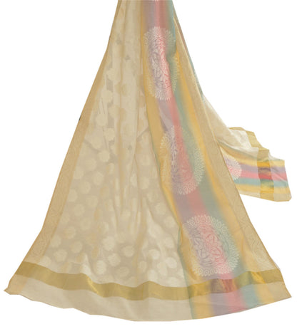 Sanskriti Vintage Dupatta Long Stole Blend Silk Ivory Hijab Hand-Woven Scarves