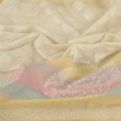 Sanskriti Vintage Dupatta Long Stole Blend Silk Ivory Hijab Hand-Woven Scarves