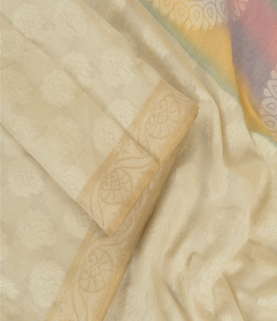 Sanskriti Vintage Dupatta Long Stole Blend Silk Ivory Hijab Hand-Woven Scarves