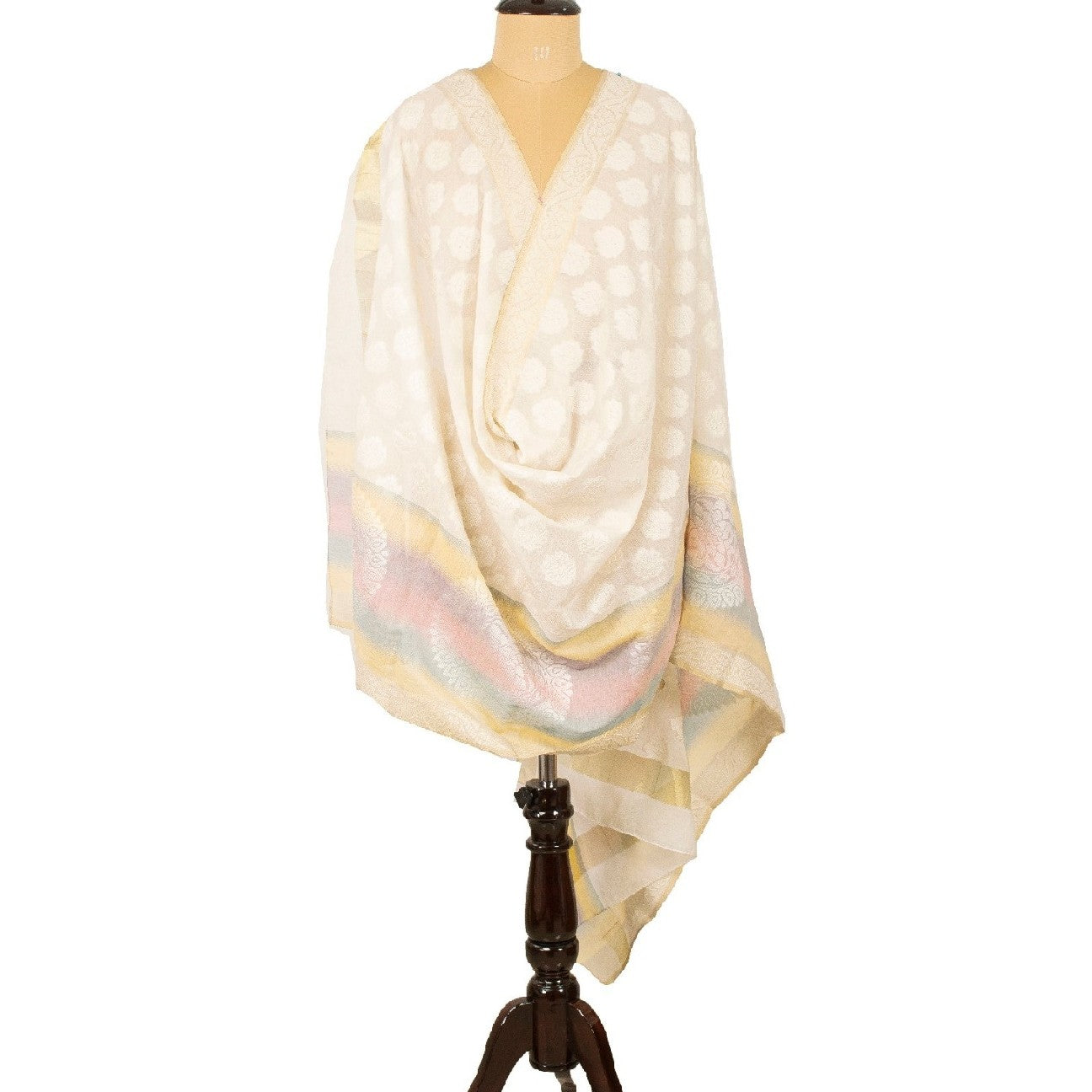 Sanskriti Vintage Dupatta Long Stole Blend Silk Ivory Hijab Hand-Woven Scarves
