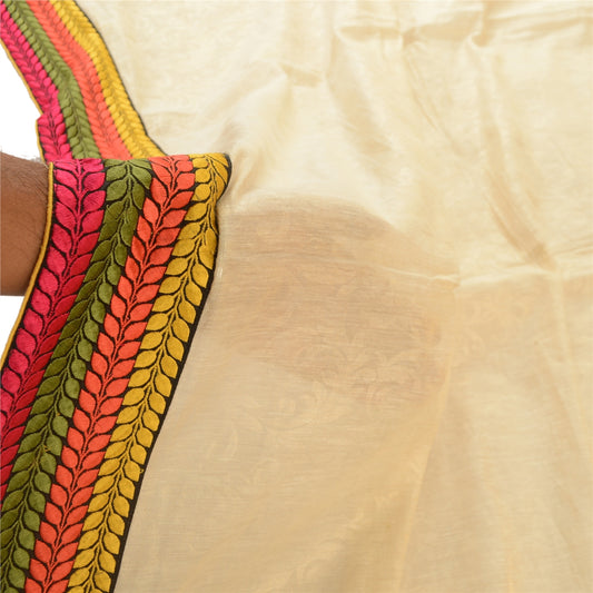 Sanskriti Vintage Dupatta Long Stole Cotton Silk Ivory Embroidered Patch Work